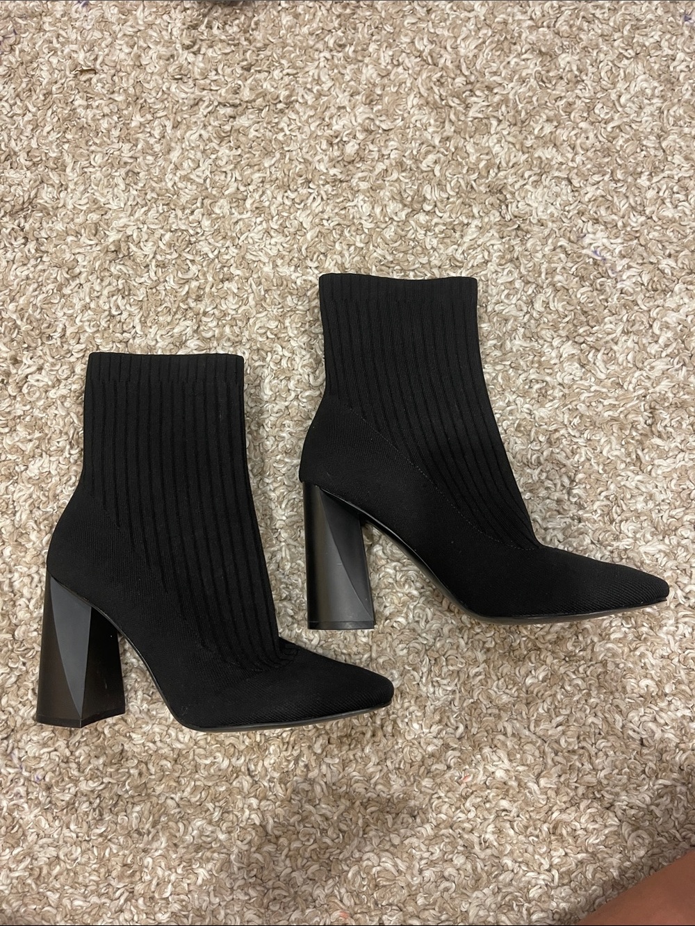Kendall & Kylie Black Rib-Knit Sock Ankle Boots with Sculpted Block Heel
